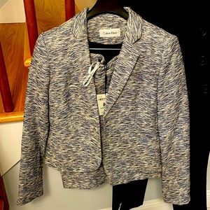 Calvin Klein skirt suit NWT, navy, white,grey and blue, silver buttons